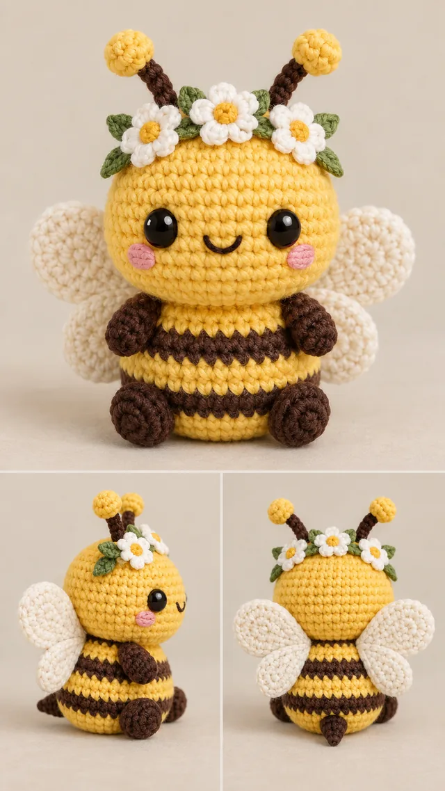 Concept IA d'un amigurumi abeille jaune et brune avec une couronne de fleurs blanches, des ailes blanches translucides et des antennes