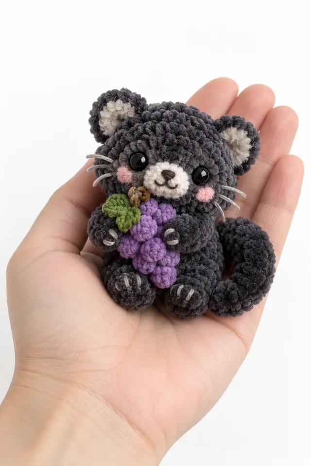 Concept IA d'un amigurumi chat noir pelucheux tenant une grappe de raisins violets avec une feuille verte