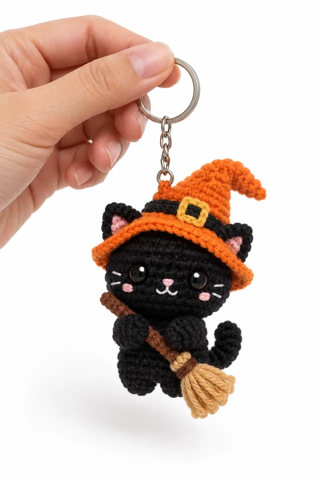 Concept IA d'un porte-clés amigurumi chat noir avec un chapeau de sorcière orange, assis sur un balai, la queue dressée