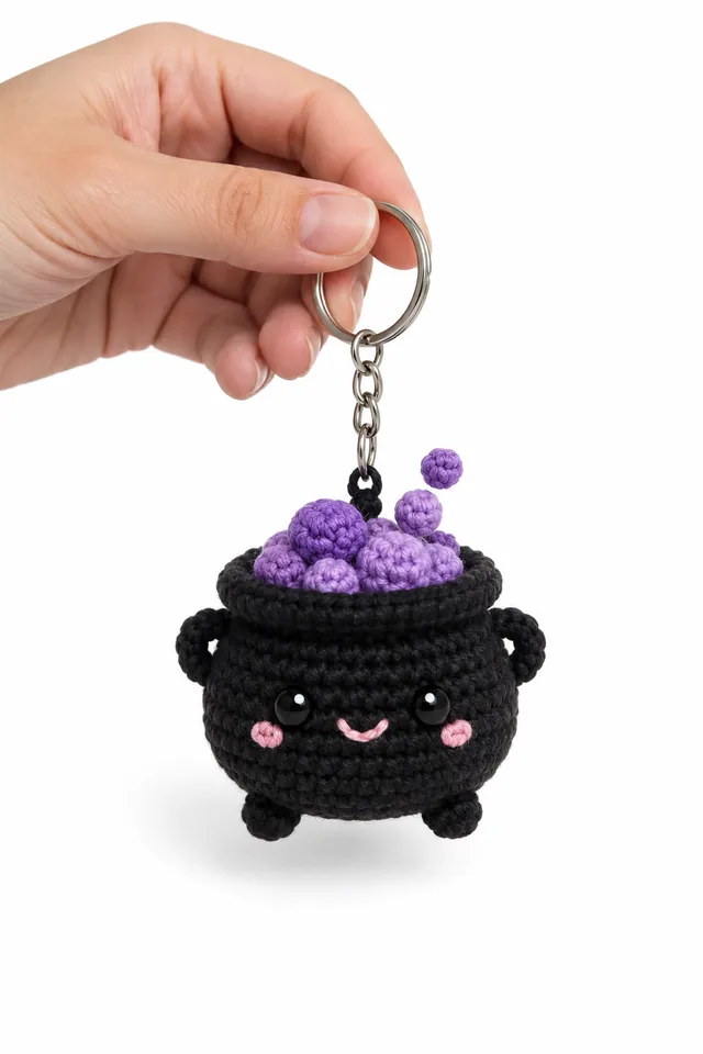 Concept IA d'un porte-clés amigurumi chaudron noir souriant qui déborde de bulles violettes, avec des petites jambes