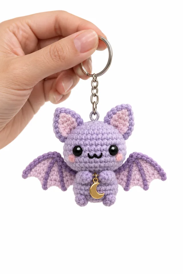 Concept IA d'un porte-clés amigurumi chauve-souris violette avec des ailes roses et une breloque lune dorée au cou