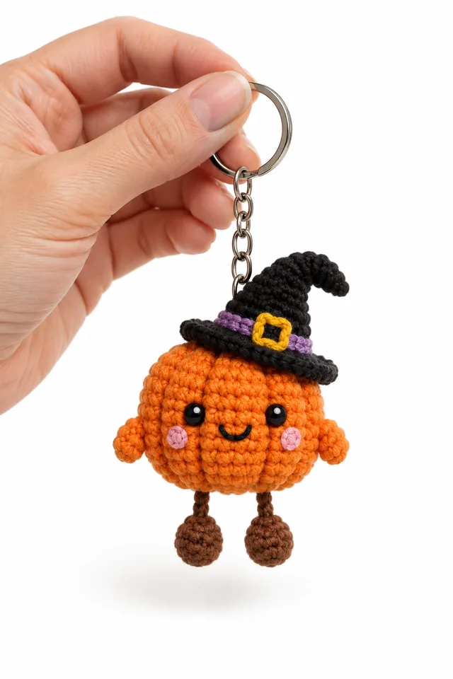 Concept IA d'un porte-clés amigurumi citrouille orange avec un chapeau de sorcière noir à boucle dorée et deux petites jambes marron qui pendent