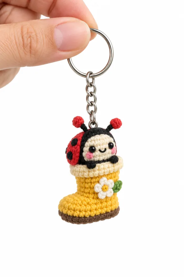 Concept IA d'un porte-clés amigurumi bébé coccinelle rouge à pois noirs blottie dans une botte de pluie jaune