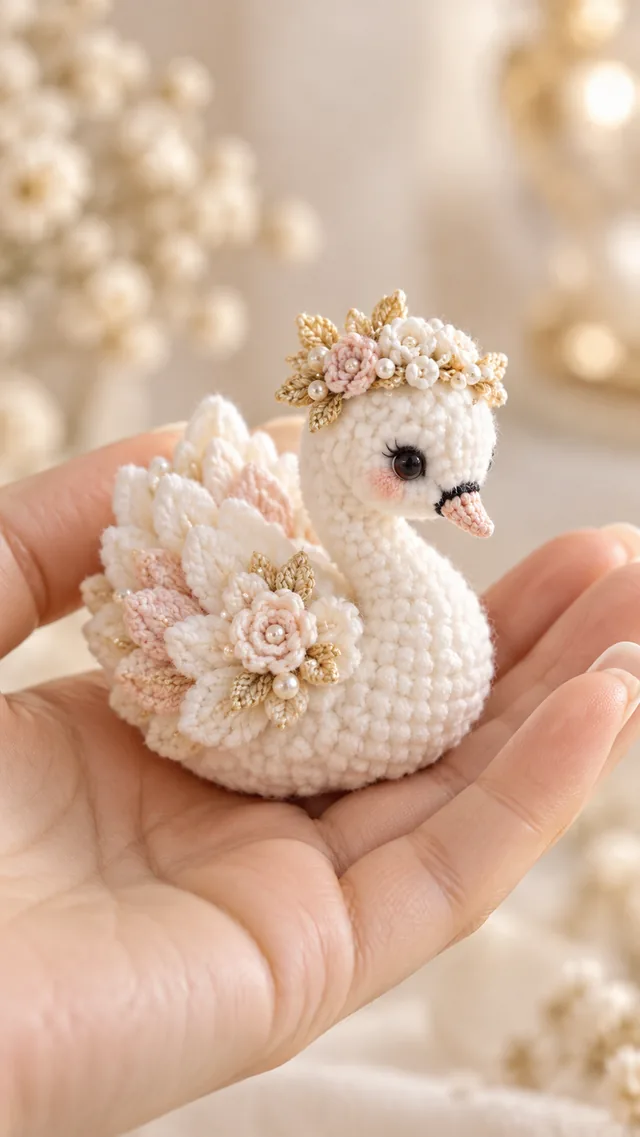 Concept IA d'un amigurumi cygne blanc portant une couronne dorée, avec des ailes délicates ornées de fleurs