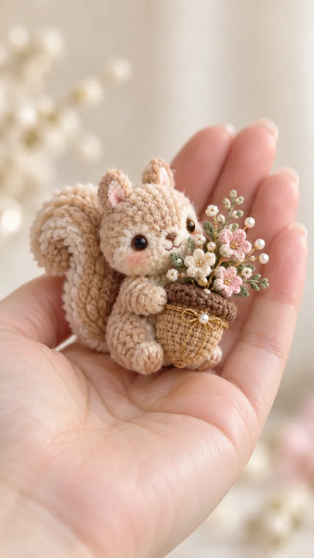 Concept IA d'un amigurumi écureuil beige tenant un petit panier rempli de fleurs roses et blanches