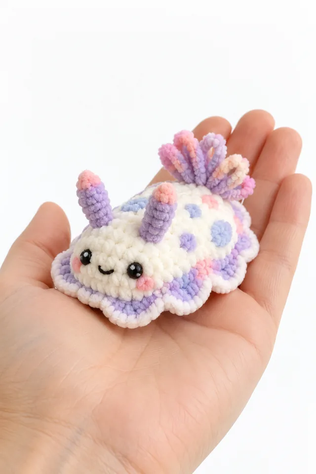 Concept IA d'un amigurumi escargot blanc à coquille ronde fleurie en violet et rose avec des antennes