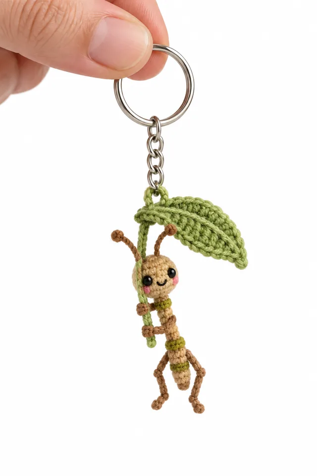 Concept IA d'un porte-clés amigurumi petit esprit en forme de brindille marron tenant une grande feuille verte au-dessus de sa tête