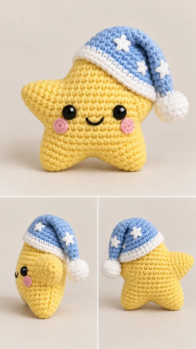 Concept IA d'un amigurumi étoile jaune souriante portant un bonnet de nuit bleu à pois blancs avec un pompon