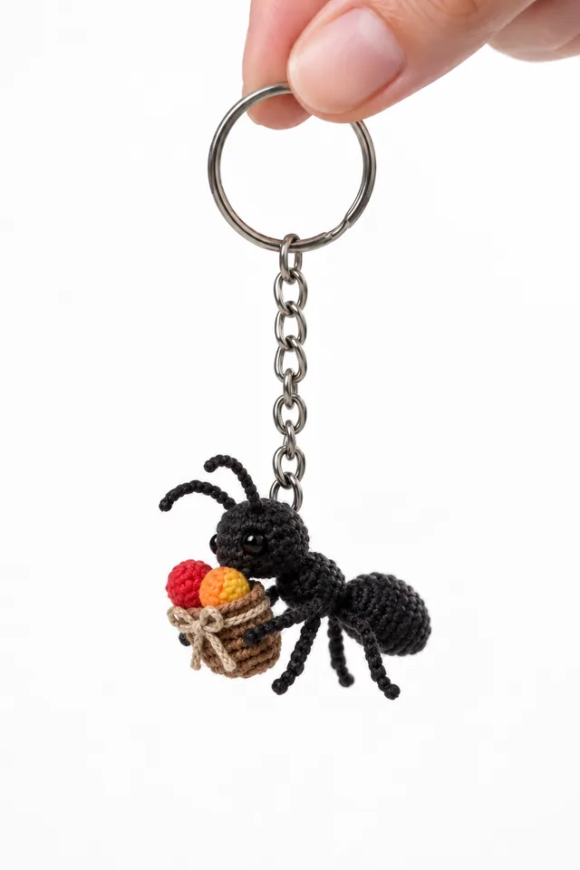 Concept IA d'un porte-clés amigurumi fourmi noire portant un petit panier rempli de bonbons colorés