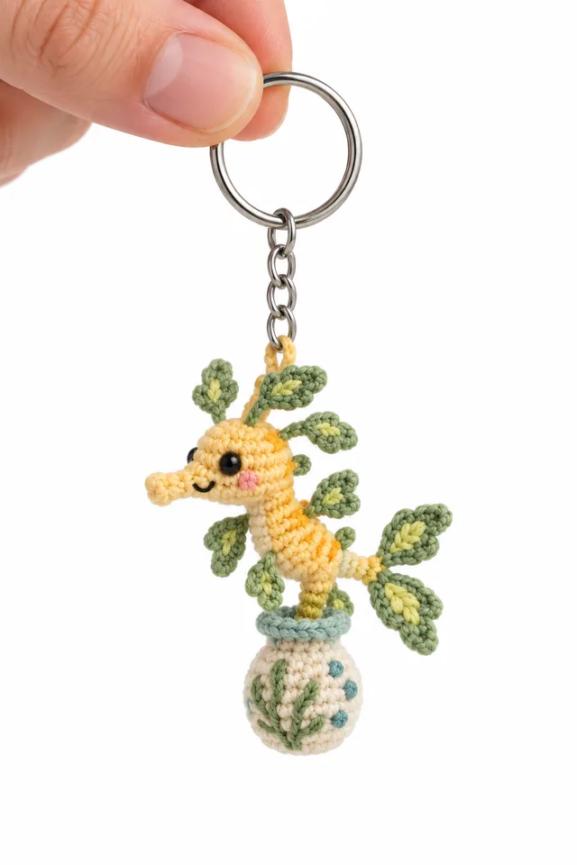 Concept IA d'un porte-clés amigurumi girafe jaune dont le dos pousse des feuilles vertes, plantée dans un pot décoré