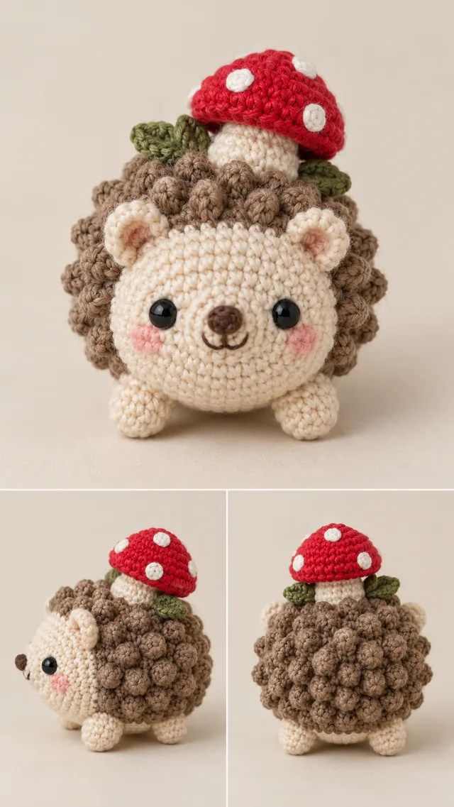 Concept IA d'un amigurumi hérisson blanc et brun avec des picots et un petit chapeau-champignon rouge à pois blancs