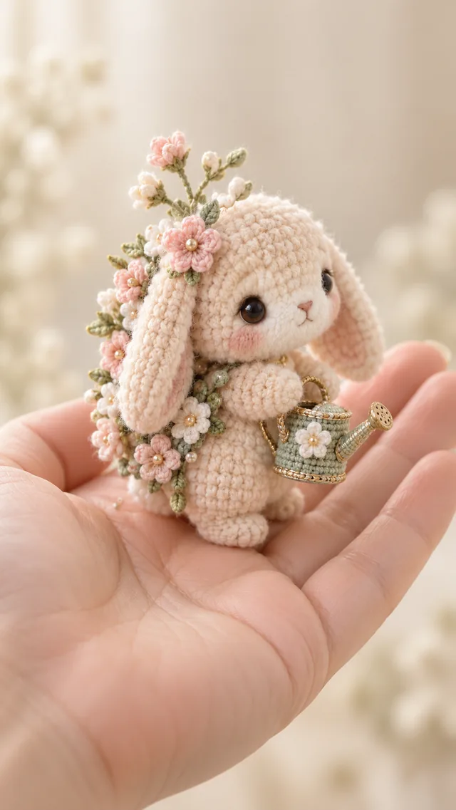 Concept IA d'un amigurumi lapin beige avec des fleurs dans les oreilles tenant un petit arrosoir vert fleuri