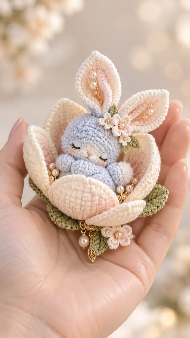 Concept IA d'un amigurumi lapin bleu endormi lové dans une grande tulipe blanche et rose ornée de perles