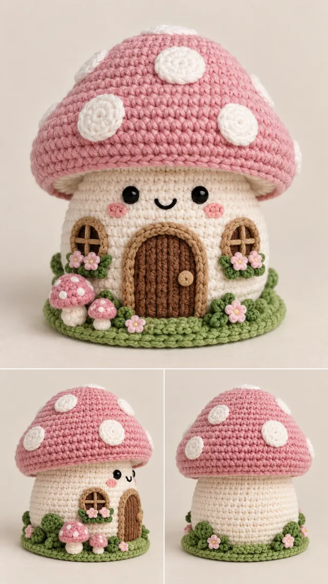 Concept IA d'un amigurumi maison-champignon rose à pois blancs avec une porte marron, des fenêtres et des fleurs au pied