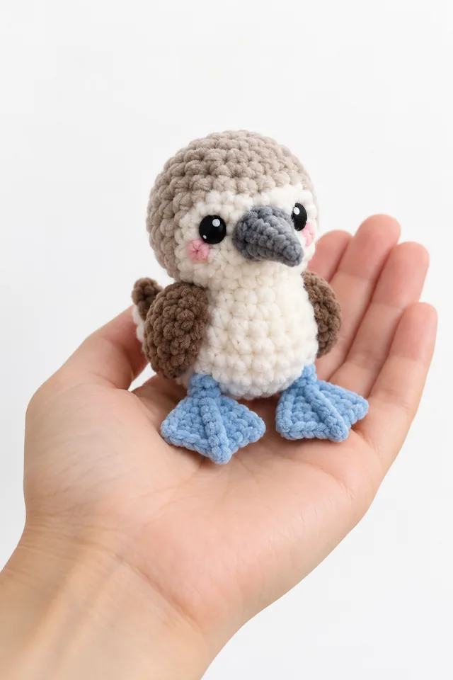 Concept IA d'un amigurumi moineau brun avec le ventre crème, le bec gris et les ailes déployées, posé sur une paume
