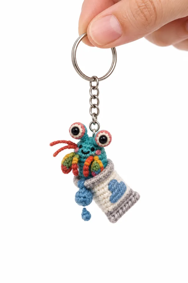 Concept IA d'un porte-clés amigurumi petit monstre turquoise aux grands yeux enveloppé dans une couverture à carreaux bleus