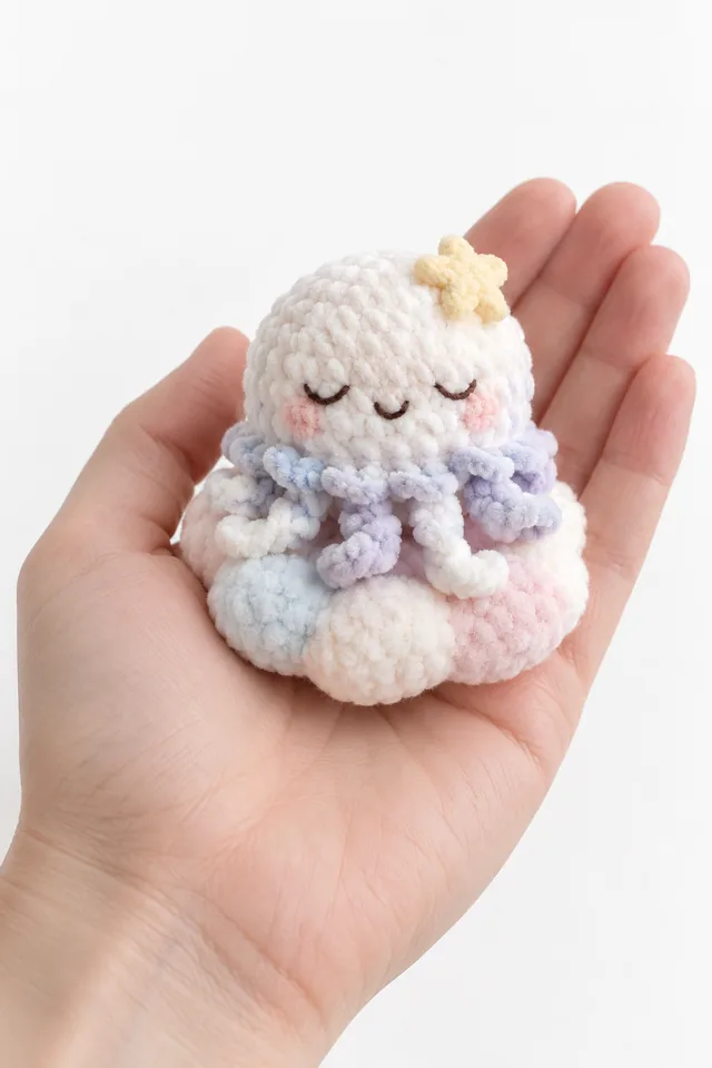 Concept IA d'un amigurumi nuage blanc endormi avec un bonnet de nuit rayé, des gouttes pastel et une étoile jaune sur la tête