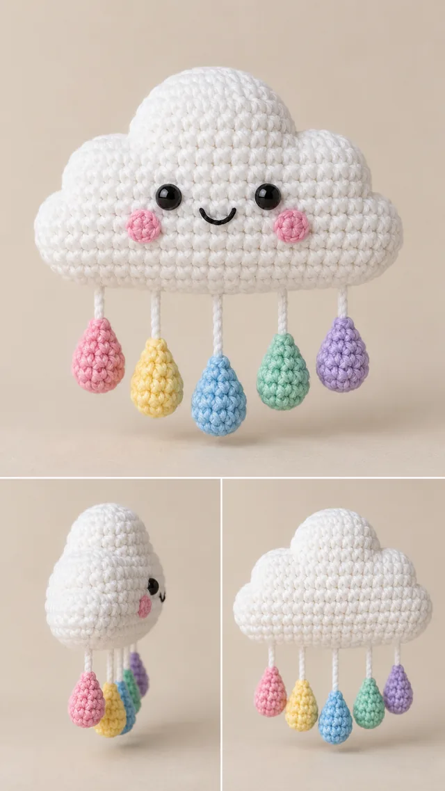 Concept IA d'un amigurumi nuage blanc souriant avec des gouttes de pluie suspendues en filaments de couleurs pastel