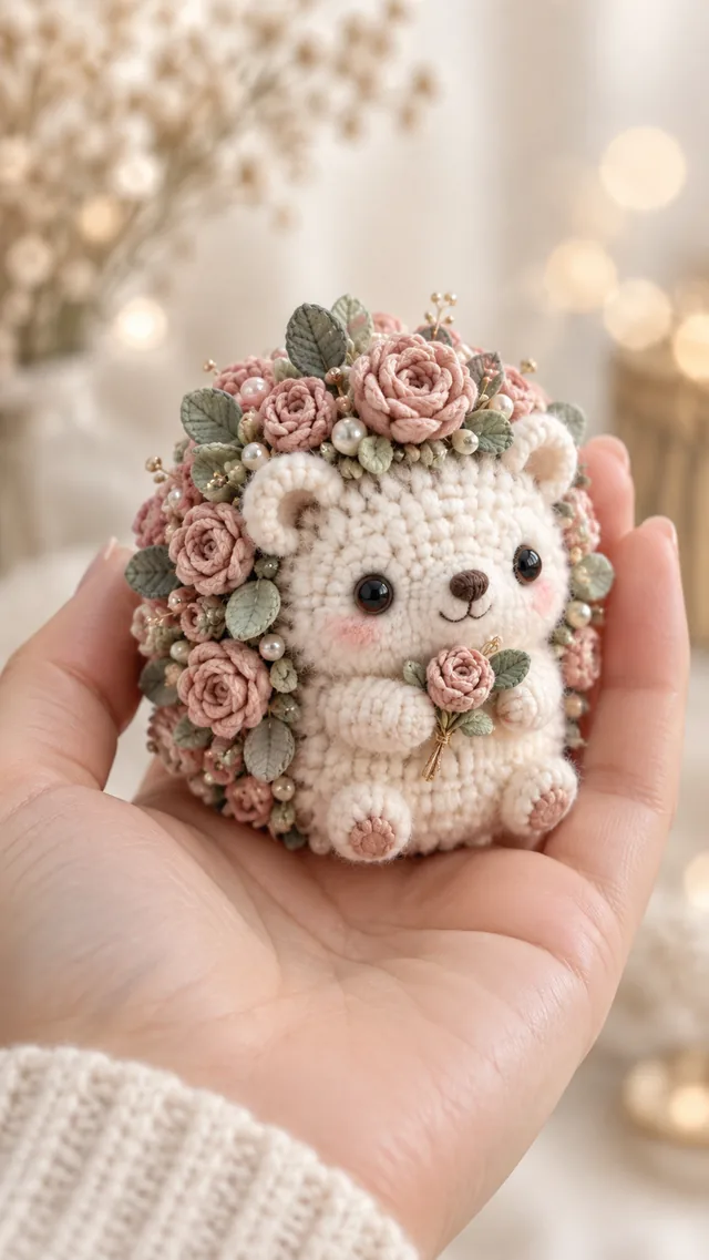 Concept IA d'un amigurumi ourson blanc entièrement couronné de roses roses avec une rose à la patte