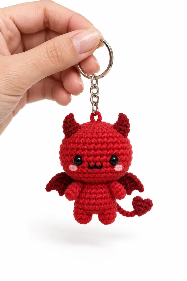 Concept IA d'un porte-clés amigurumi petit diable rouge avec des cornes, des ailes et une queue qui se termine en cœur