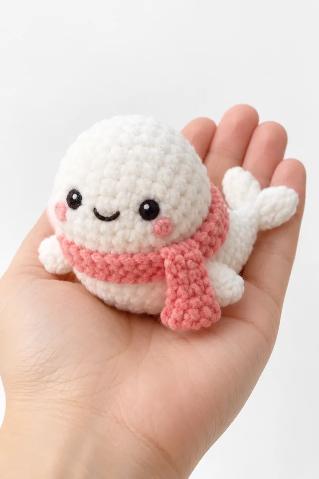 Concept IA d'un amigurumi phoque blanc allongé portant une écharpe rose et levant une nageoire comme pour saluer