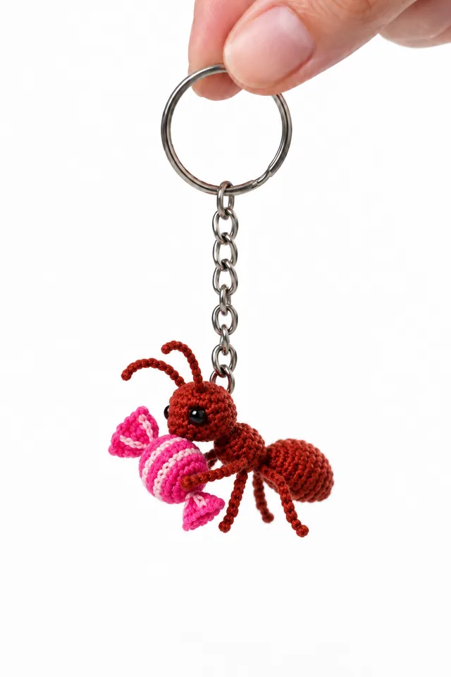 Concept IA d’une fourmi rouge-brun à l’aspect crocheté tenant un bonbon rose rayé de crème avec des extrémités torsadées