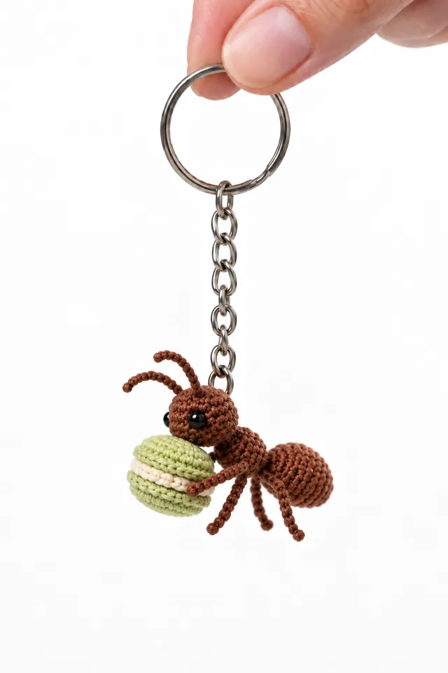 Concept IA d’une fourmi noisette à l’aspect crocheté tenant un macaron vert tendre avec une garniture crème