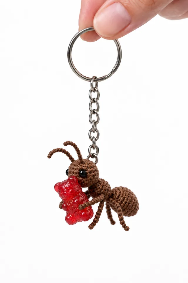 Concept IA d’une fourmi brune à l’aspect crocheté tenant un ourson rouge brillant, représentée en porte-clés