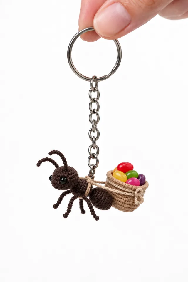 Concept IA d’une fourmi brun foncé à l’aspect crocheté avec un panier beige rempli de formes de bonbons multicolores