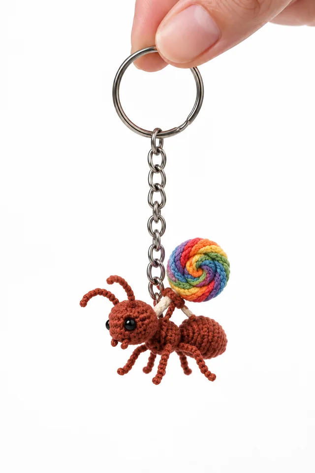 Concept IA d’une fourmi rousse à l’aspect crocheté portant une sucette ronde aux couleurs de l’arc-en-ciel