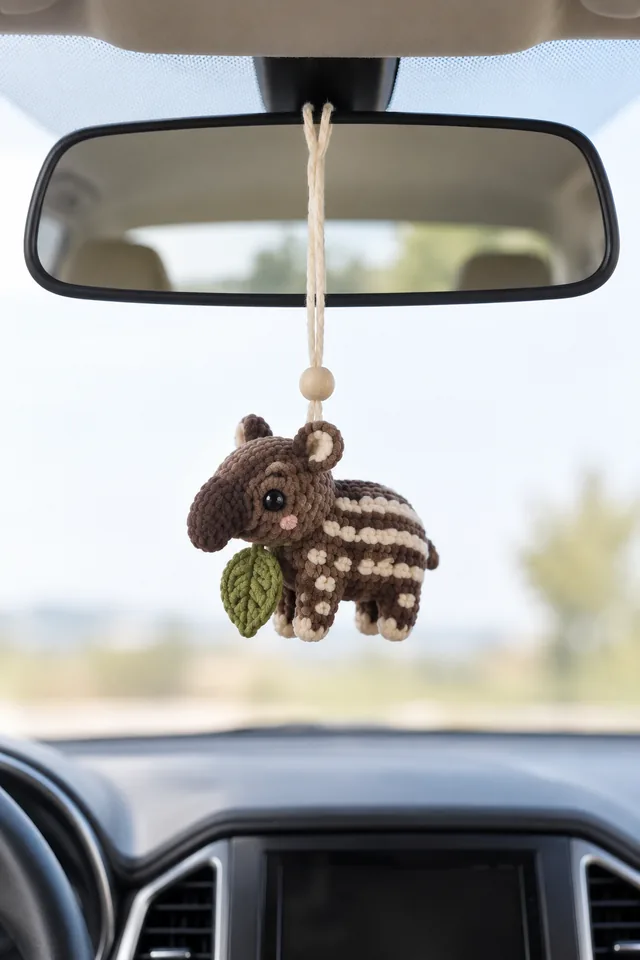 Concept IA d'un pendentif rétroviseur au crochet en forme de chenille marron et blanche lovée sur une feuille verte