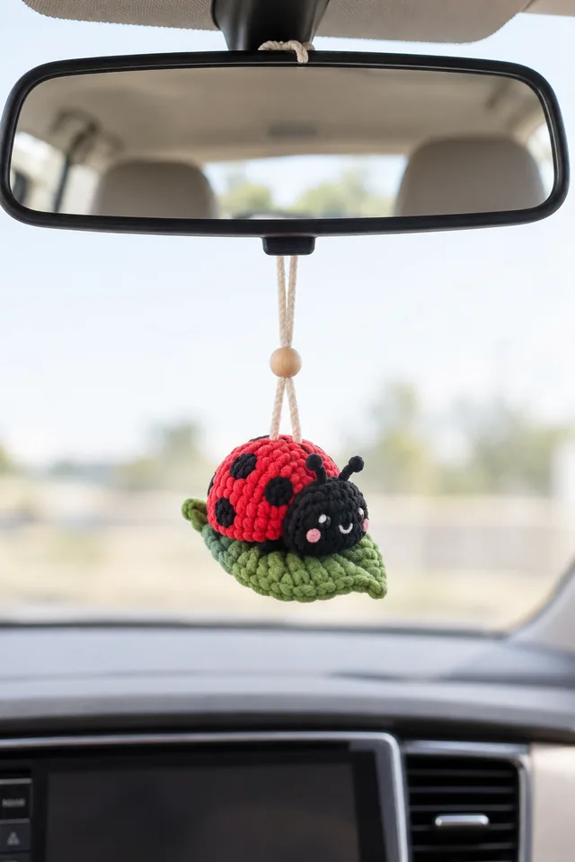 Concept IA d'un pendentif rétroviseur au crochet en forme de coccinelle rouge à pois noirs posée sur une feuille verte, suspendu à un cordon de perles