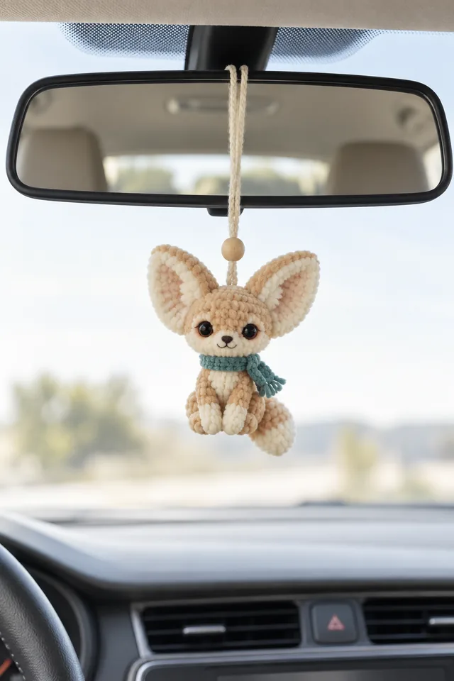 Concept IA d'un pendentif rétroviseur au crochet en forme de fennec beige aux grandes oreilles, portant une écharpe verte