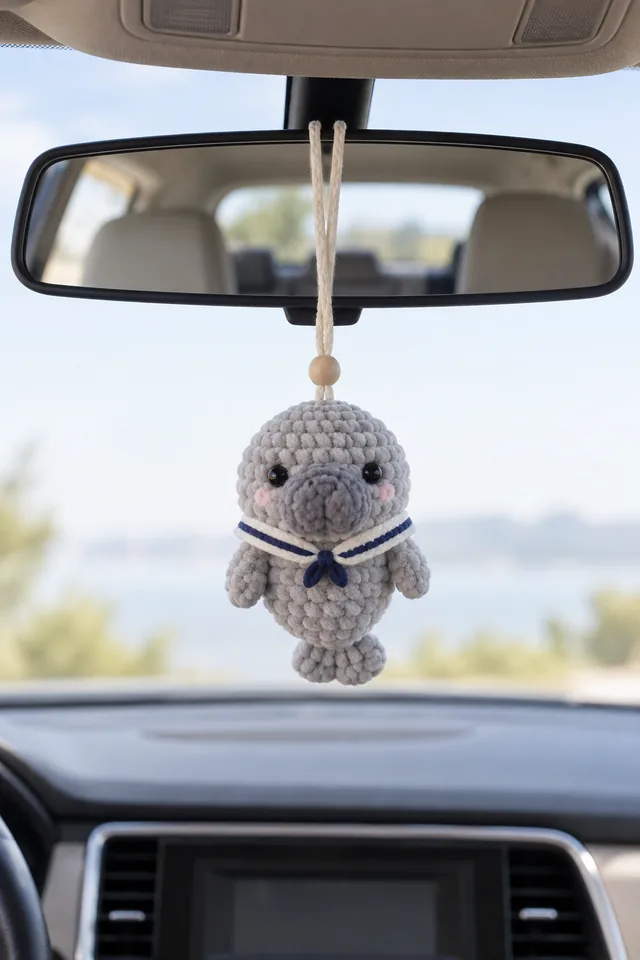 Concept IA d'un pendentif rétroviseur au crochet en forme de lamantin gris portant un col de marin bleu marine, suspendu à un cordon de perles