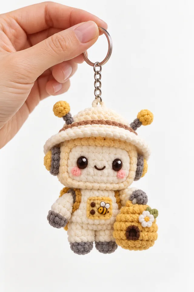 Concept IA d'un porte-clés amigurumi apiculteur en combinaison crème avec un chapeau voilé tenant une ruche jaune avec une abeille