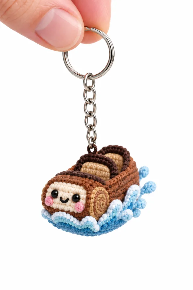 Concept IA d'un porte-clés au crochet en forme de bateau à bascule marron sur des vagues bleues