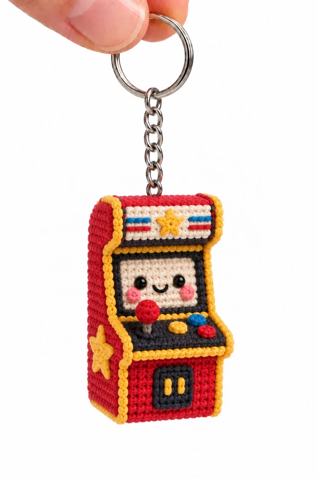 Concept IA d'un porte-clés au crochet en forme de borne d'arcade rouge rétro avec joystick et visage souriant