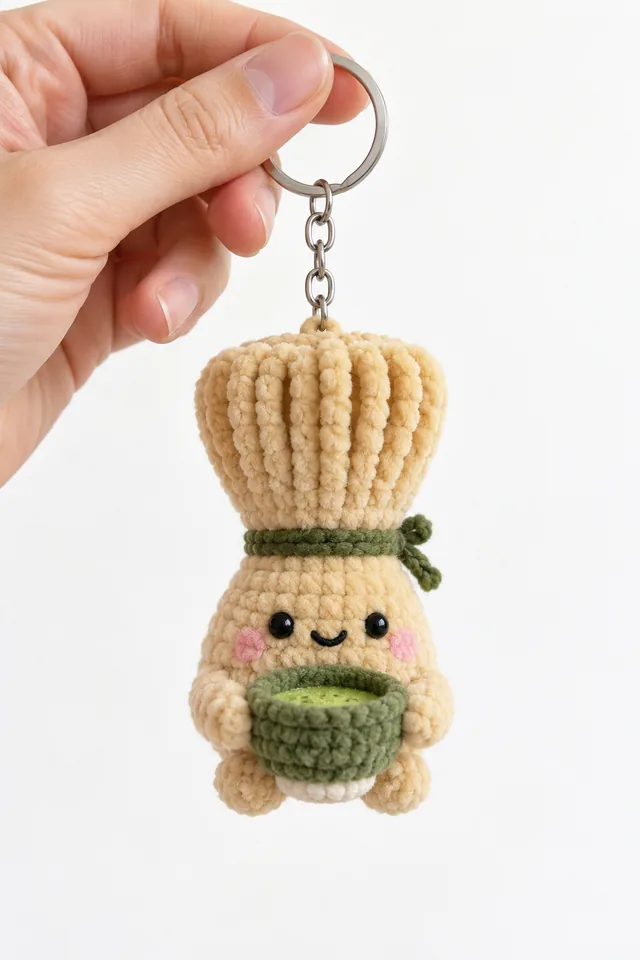 Concept IA d'un porte-clés amigurumi cactus beige côtelé tenant un petit panier vert et portant un ruban vert