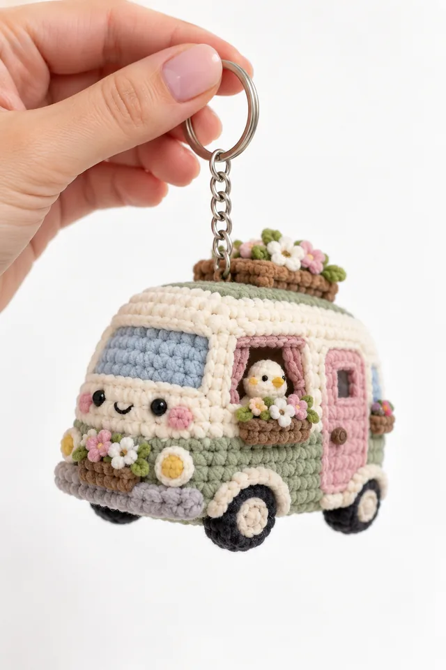 Concept IA d'un porte-clés amigurumi caravane verte couverte de fleurs avec un petit poussin à la fenêtre et une porte rose