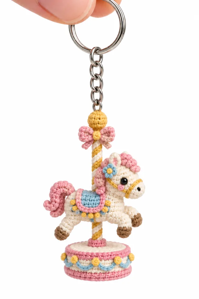 Concept IA d'un porte-clés au crochet en forme de cheval de carrousel rose et crème sur sa base ronde