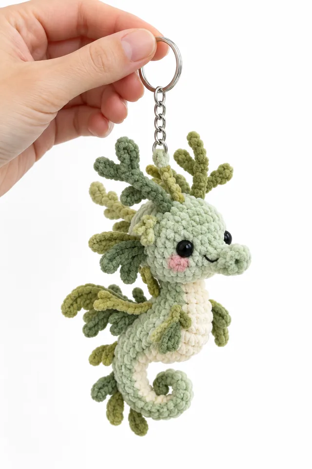 Concept IA d'un porte-clés amigurumi hippocampe vert clair avec une crinière et une queue en algues ondulées