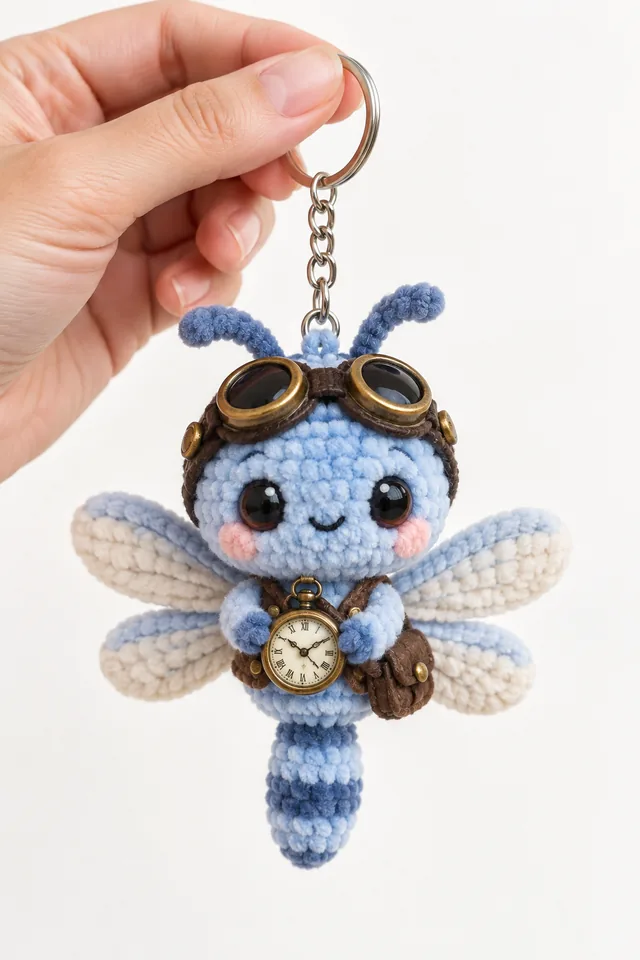 Concept IA d'un porte-clés amigurumi libellule bleue avec des lunettes d'aviateur, une montre à gousset et un sac marron