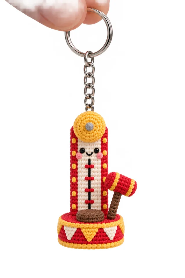 Concept IA d'un porte-clés au crochet en forme de tour de force foraine rouge et jaune avec son marteau