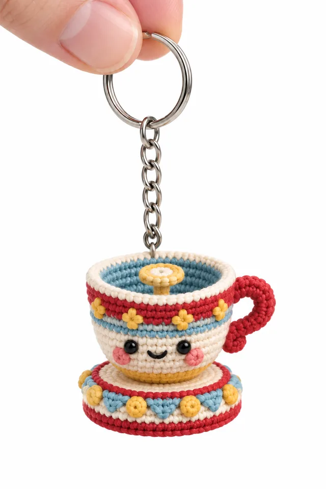 Concept IA d'un porte-clés au crochet en forme de tasse tournante rouge et bleue avec un visage souriant
